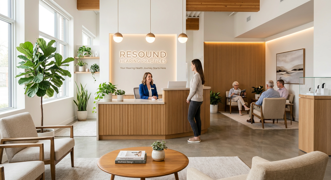 Warm and modern audiology office reception area with comfortable seating and a professional atmosphere.