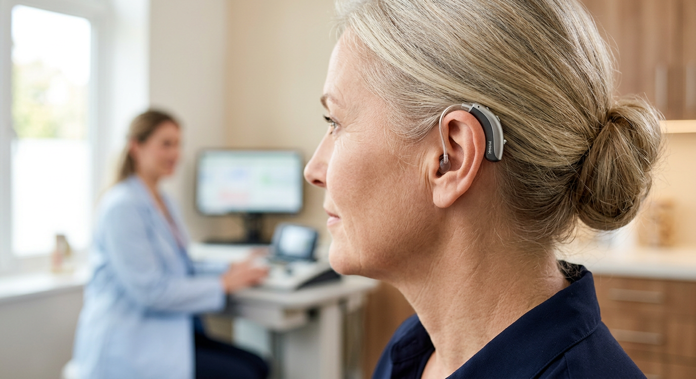 A modern hearing aid used for tinnitus masking treatment.
